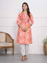 Printed Neck Embroidered Cotton Blend Kurta